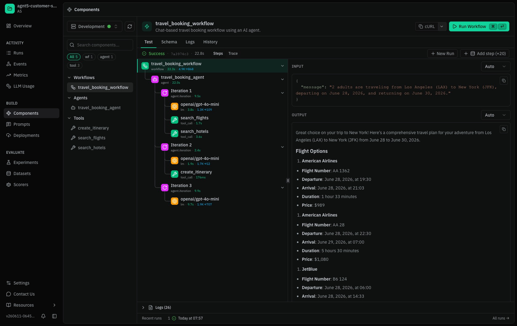 Screenshot of the AGNT5 Studio trace view for a completed travel_booking_workflow run. The left panel shows the trace tree with workflow, agent iterations, LLM calls, and tool calls. The right panel shows the input and the agent's final output with flight options.