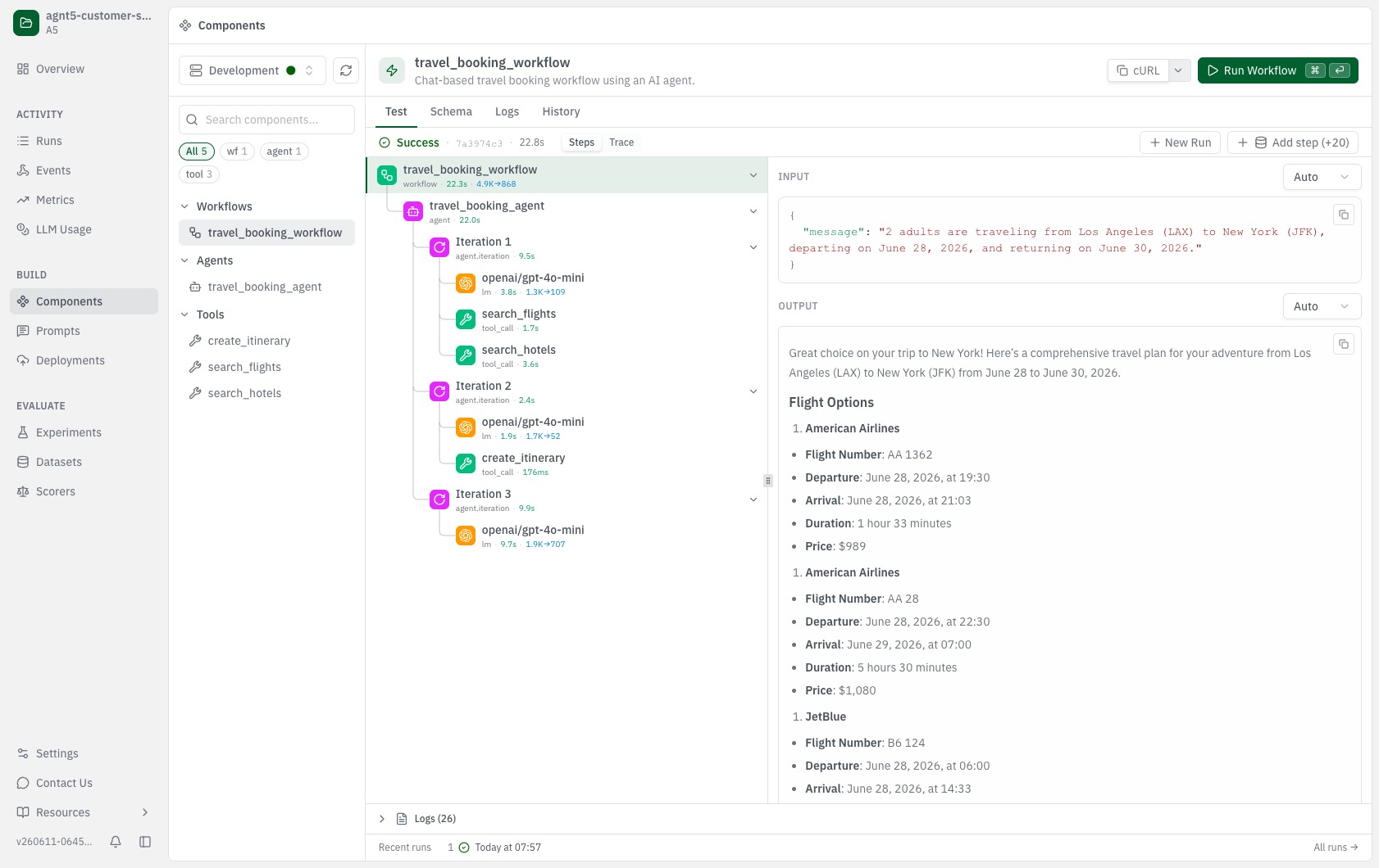 Screenshot of the AGNT5 Studio trace view for a completed travel_booking_workflow run. The left panel shows the trace tree with workflow, agent iterations, LLM calls, and tool calls. The right panel shows the input and the agent's final output with flight options.