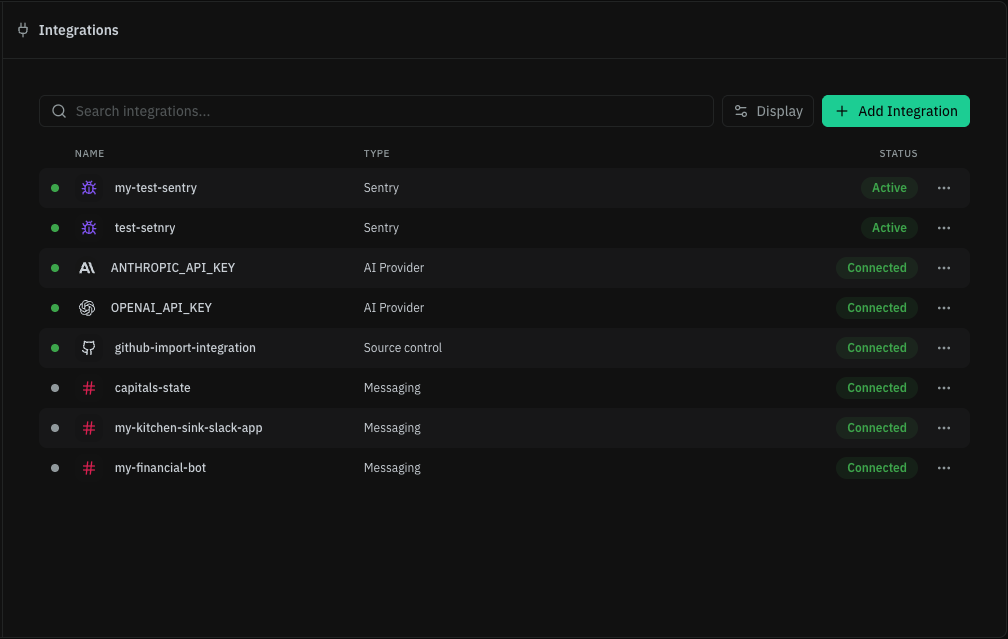 Screenshot of the AGNT5 Studio Integrations page. The page shows a search field, display control, add integration button, and configured integrations grouped by provider type and connection status.