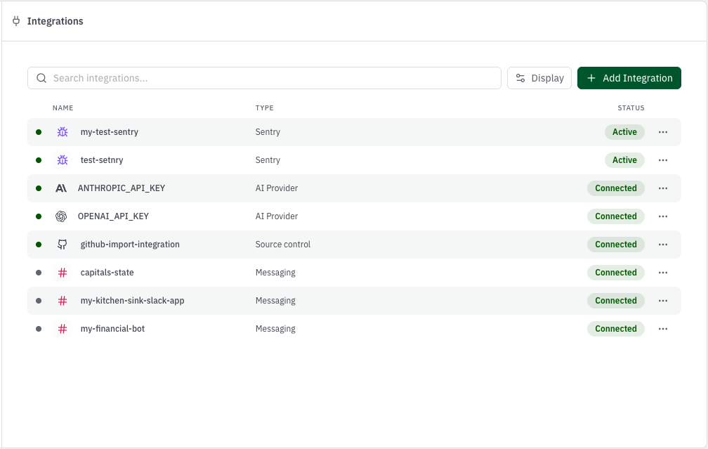 Screenshot of the AGNT5 Studio Integrations page. The page shows a search field, display control, add integration button, and configured integrations grouped by provider type and connection status.