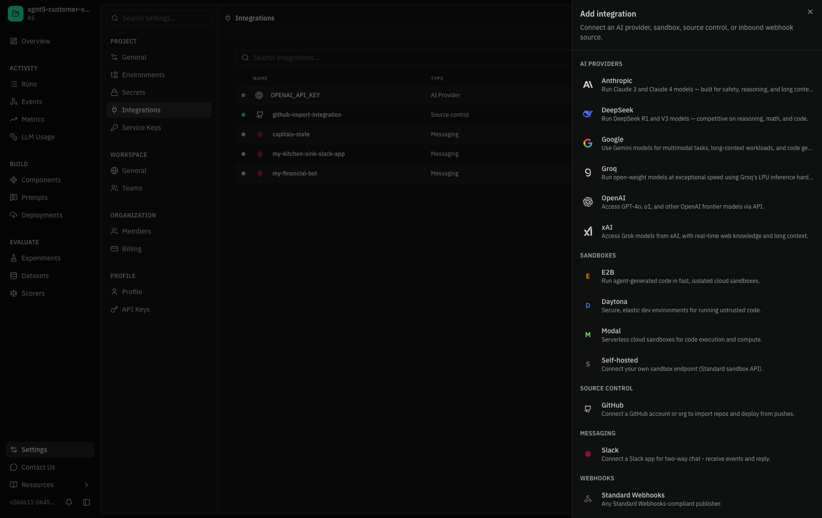 Screenshot of the AGNT5 Studio Settings → Integrations page showing configured AI provider integrations.