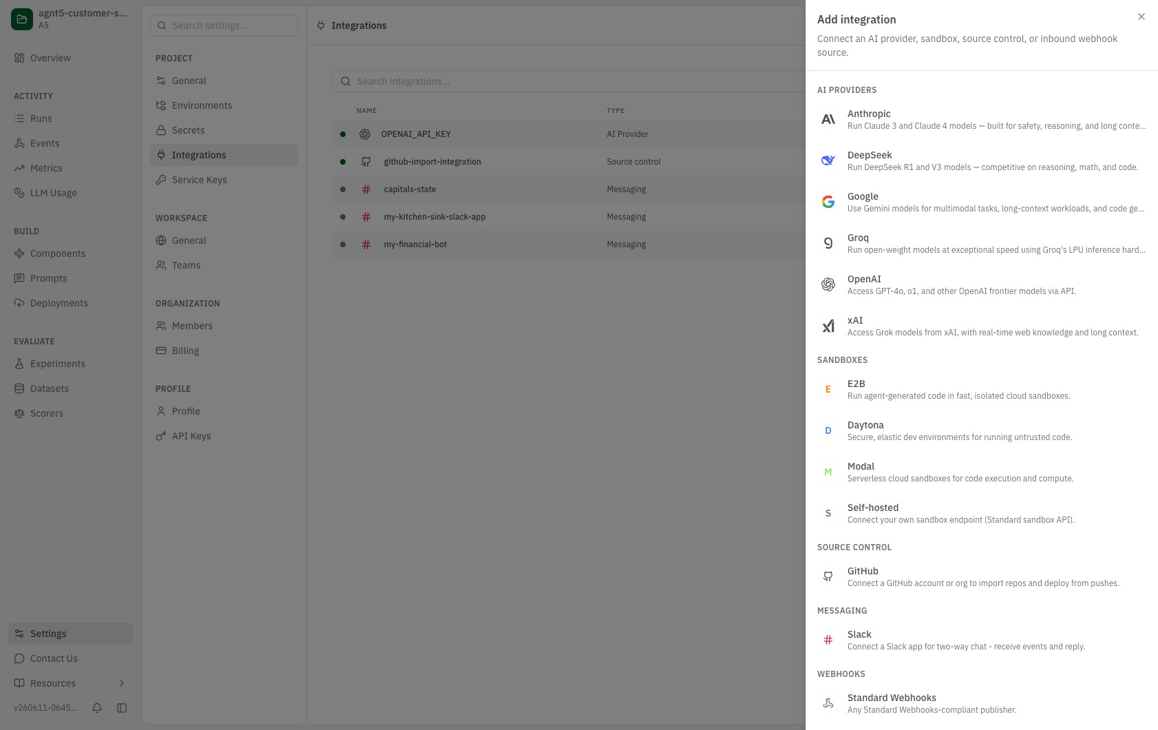 Screenshot of the AGNT5 Studio Settings → Integrations page showing configured AI provider integrations.