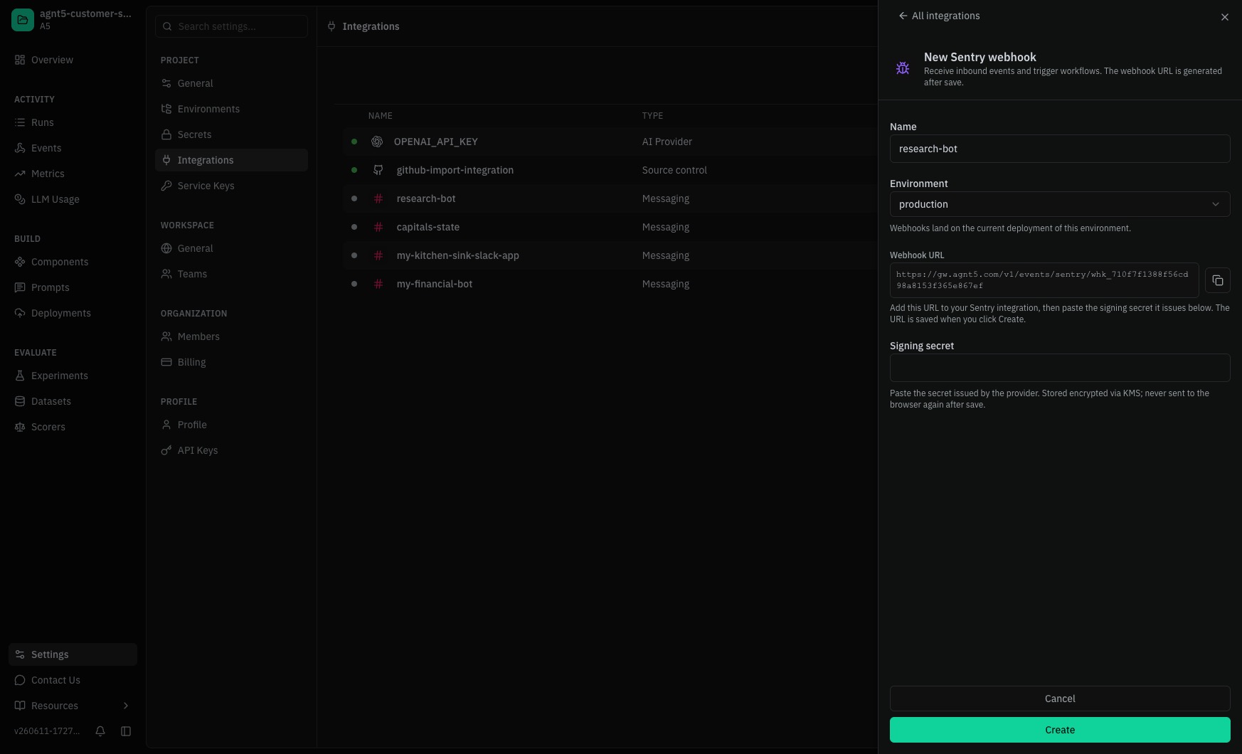 Studio New Sentry Webhook panel showing Name, Environment, Webhook URL, and Signing Secret fields.