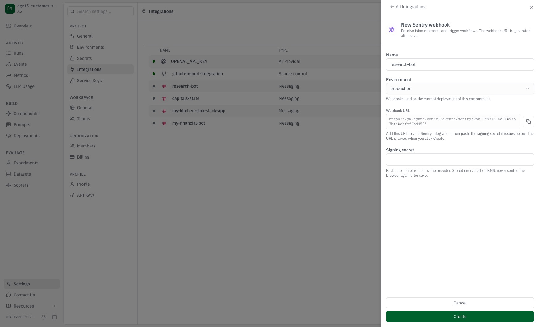 Studio New Sentry Webhook panel showing Name, Environment, Webhook URL, and Signing Secret fields.