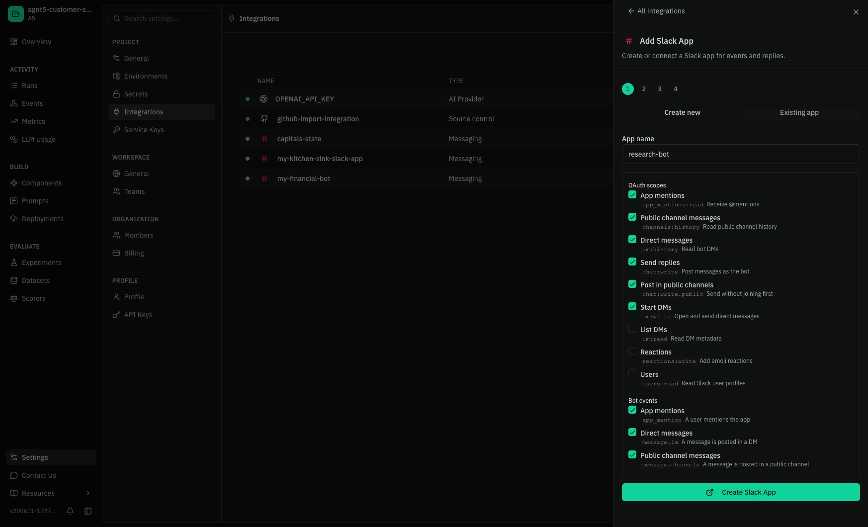 Studio Add Slack App panel showing app name, OAuth scopes, and bot events configuration.