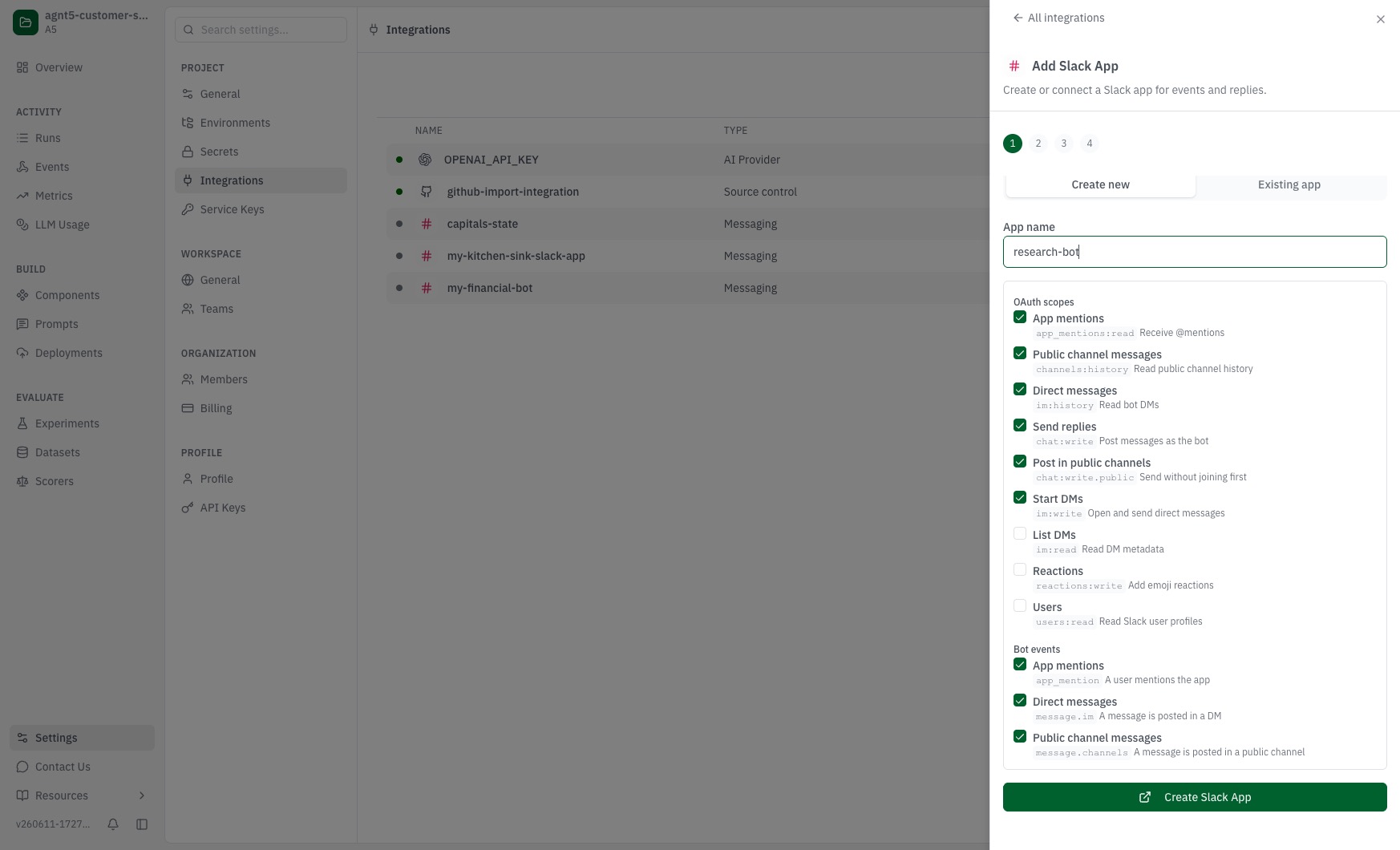 Studio Add Slack App panel showing app name, OAuth scopes, and bot events configuration.